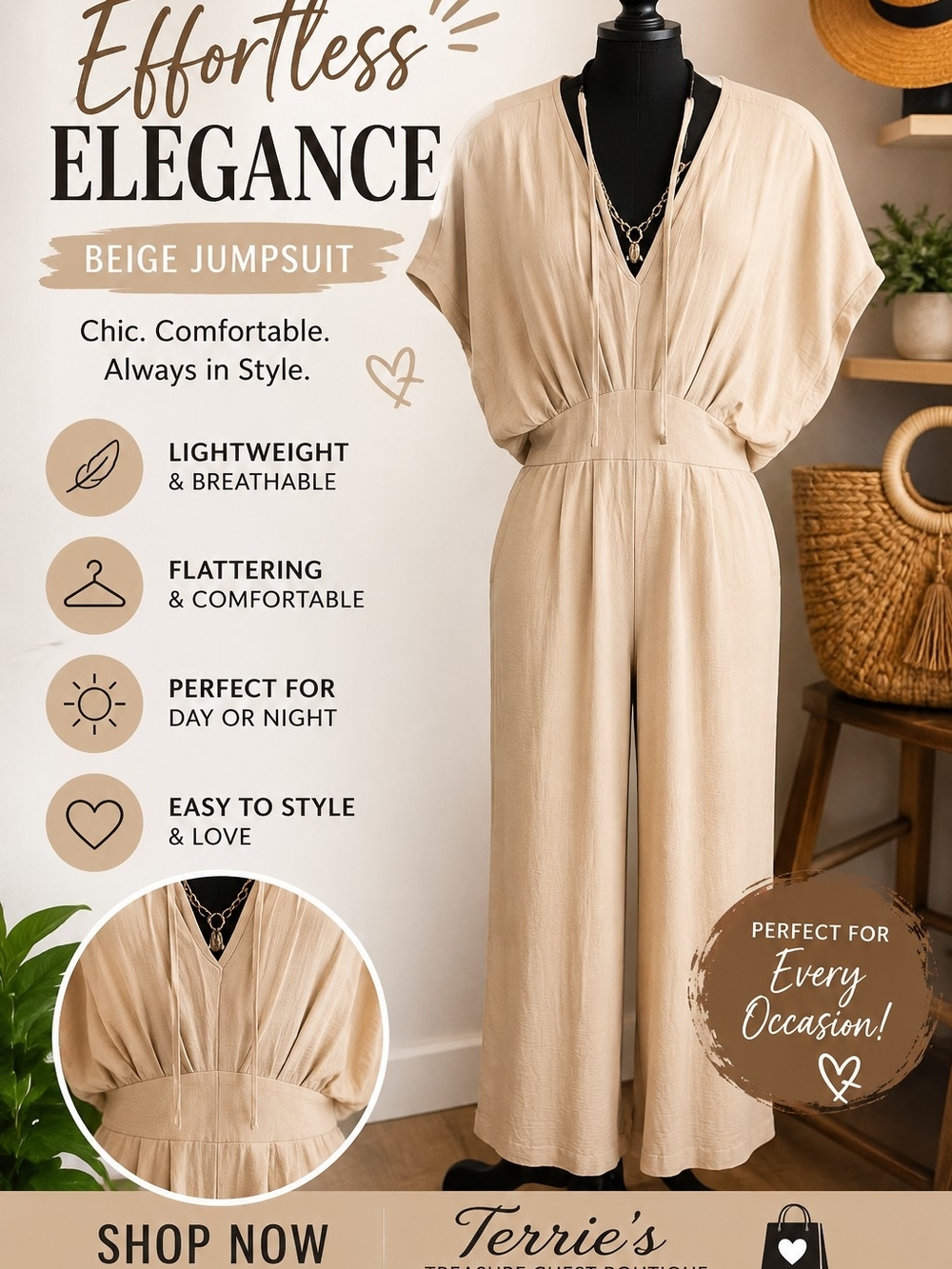 Cupshe Beige V-Neck Wide-Leg Jumpsuit